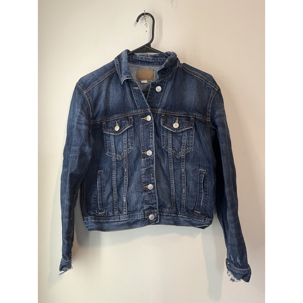 American Eagle Crop Denim Jean Jacket Dark Wash Size Xs Distressed Stretch Loose